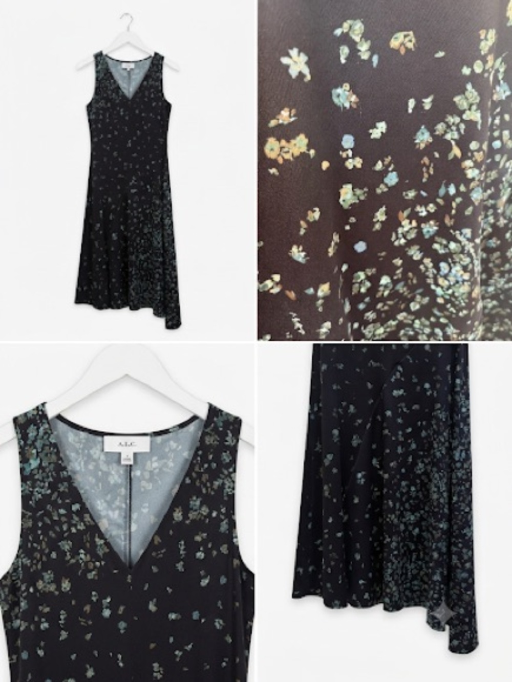 Vince | Floral Satin Asymmetrical Midi Dress | Black | Size Small